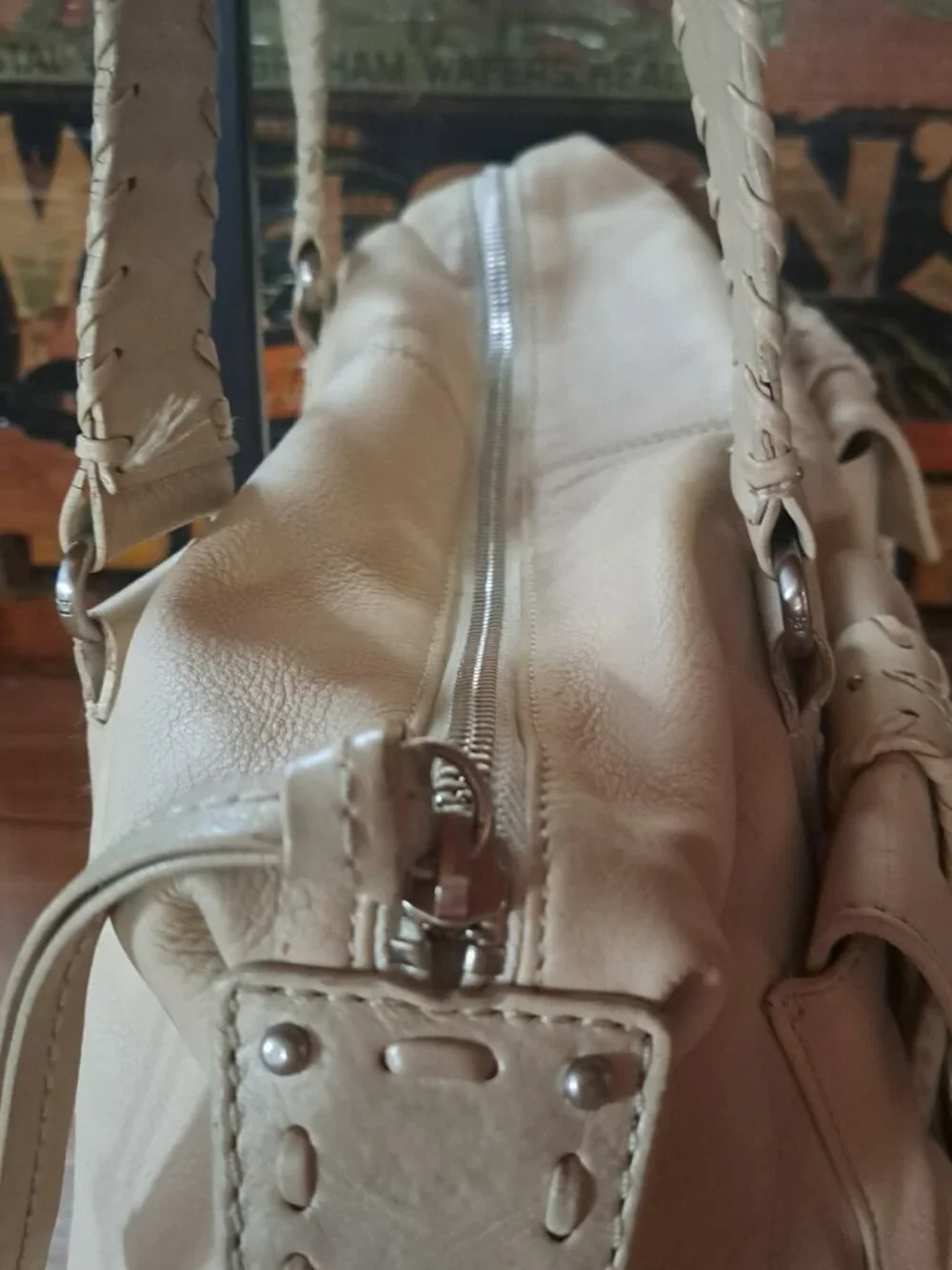 Michael Kors Western Boho Leather Satchel Shoulder Bag Cream Ivory Cargo Pockets